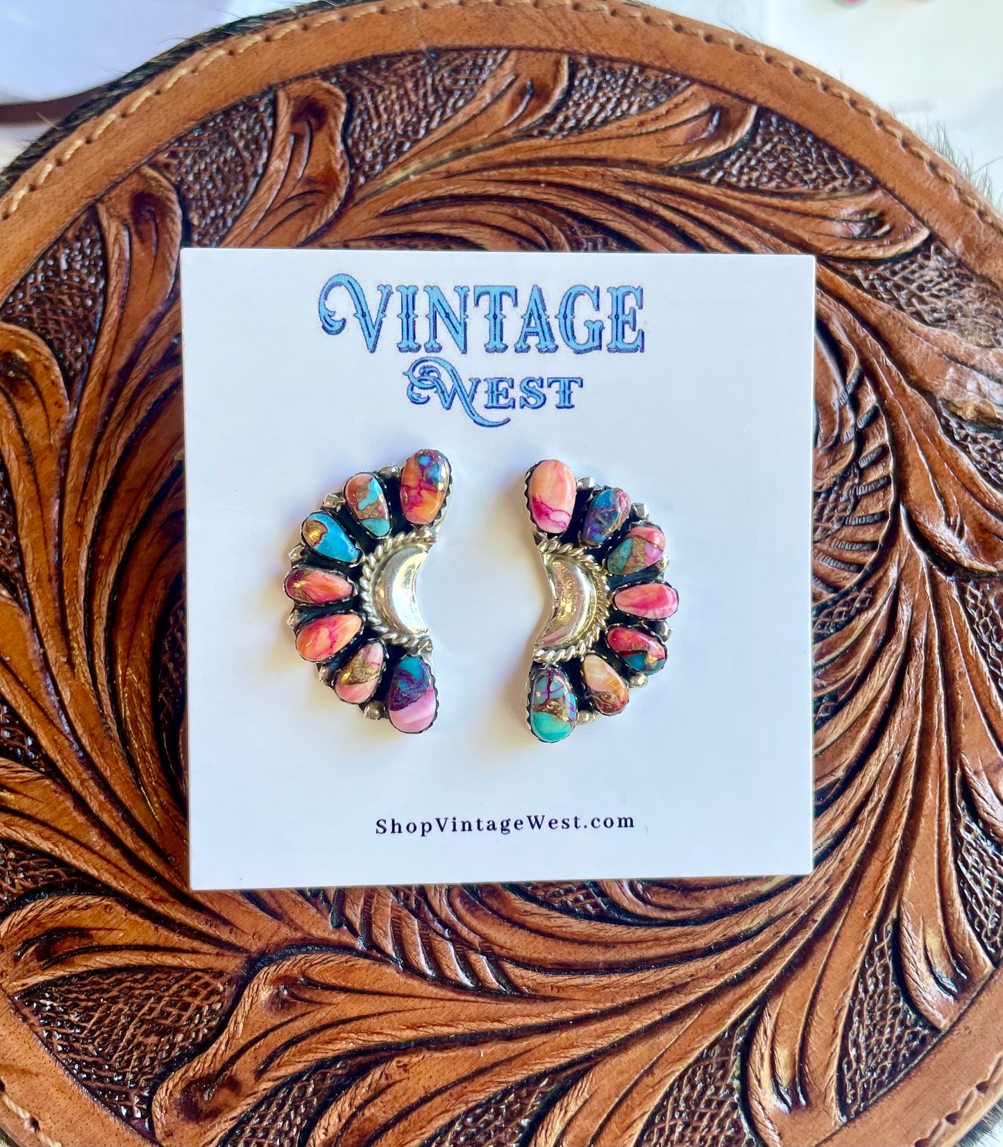 59. Pink Dahlia Half Moon Earrings