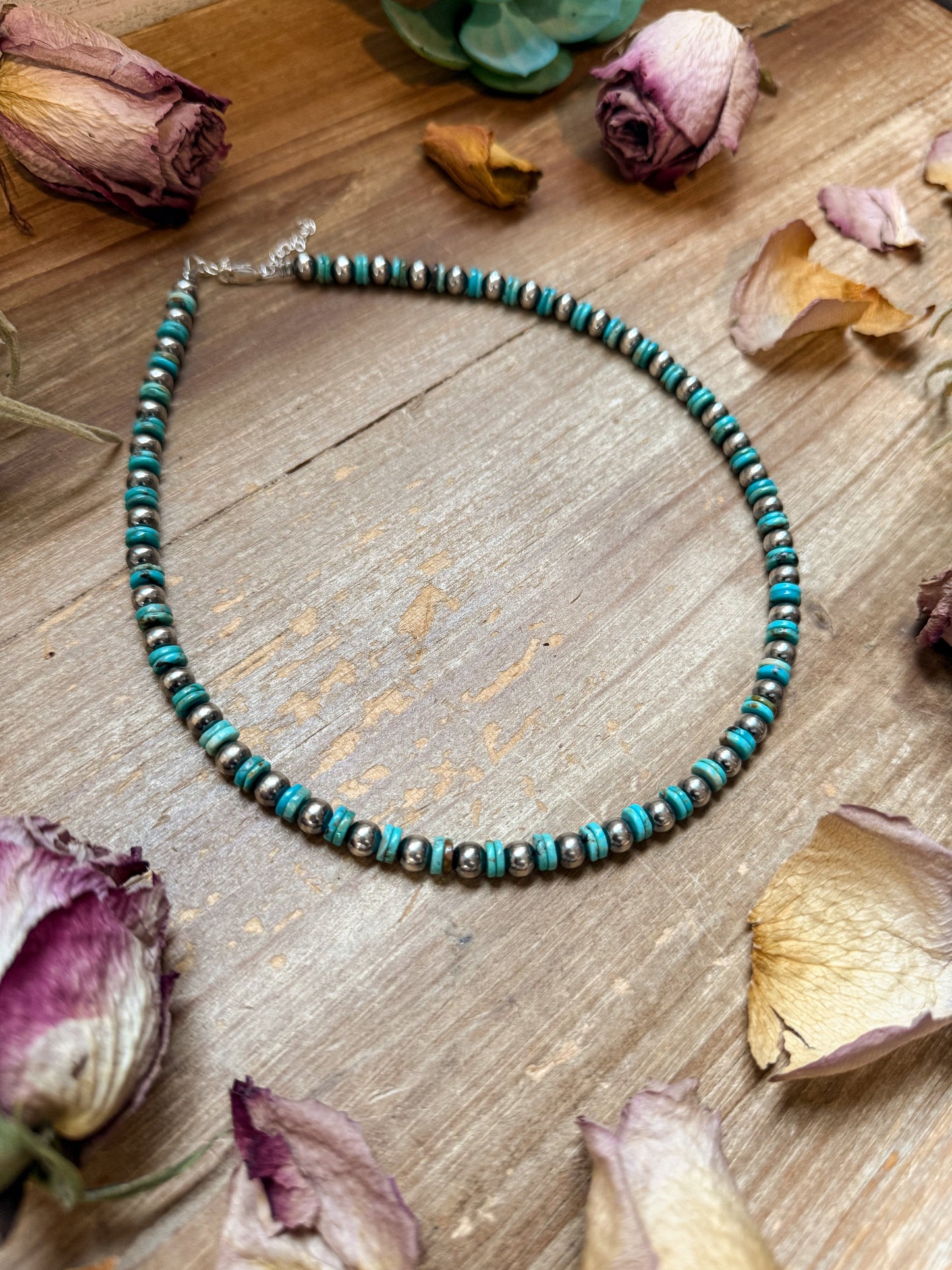 Sterling Silver & Turquoise Heishi Necklace – 16.5” – 6 mm Sterling Pearls