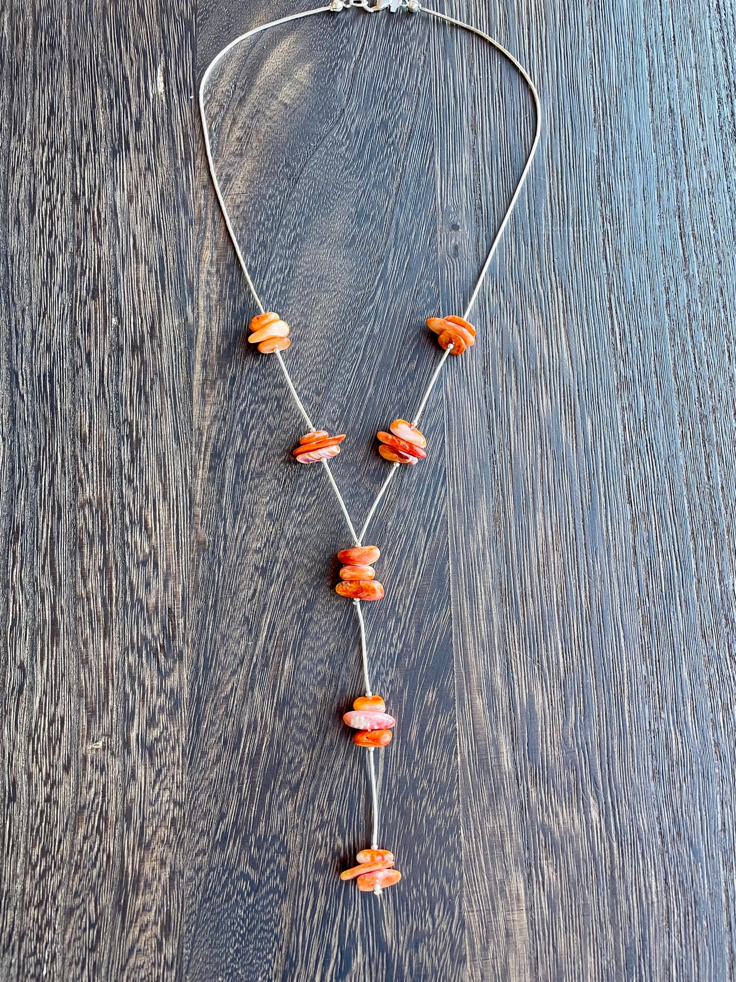 137. Orange Spiny and Liquid Silver Lariat