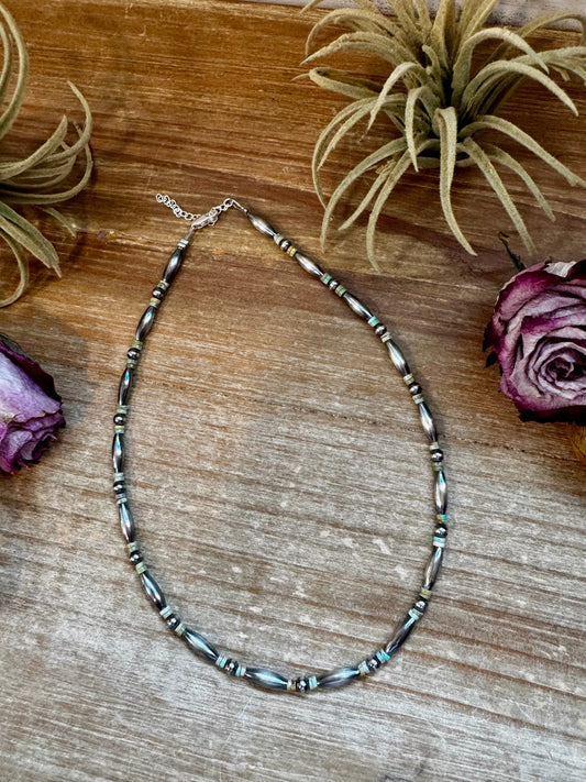 14.5" Torpedo Bead Choker – Sterling Silver Pearls & Green Turquoise