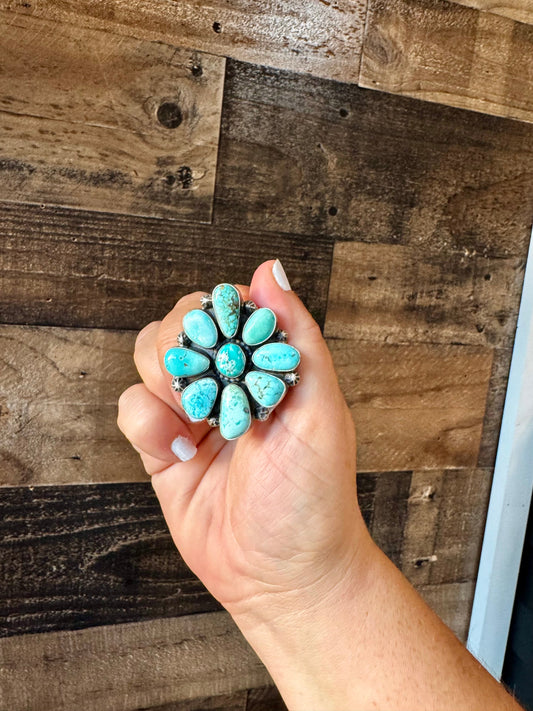 Big flower ring- size 7 1/2- Royston  turquoise ring and sterling silver
