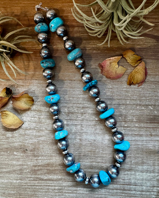 Turquoise Nugget & Sterling Silver Pearl Necklace – 21"