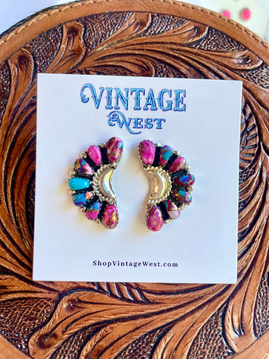 Pink Dahlia Half Moon Earrings