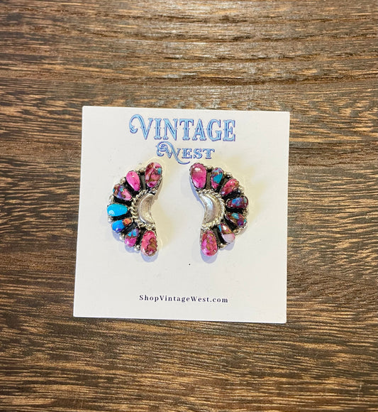 59. Pink Dahlia Half Moon Earrings